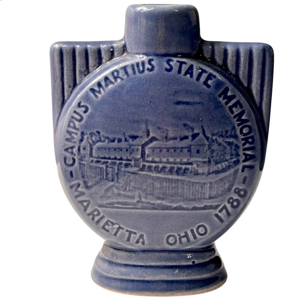Vintage Marietta Ohio Campus Martius Memorial Blue Pottery Souvenir Vase 4”